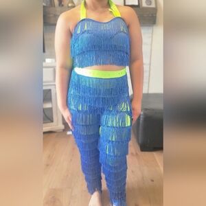 Latin Jazz Fringe Green And Blue Dance Costume Adult Top Is Med  Bottom Is Large